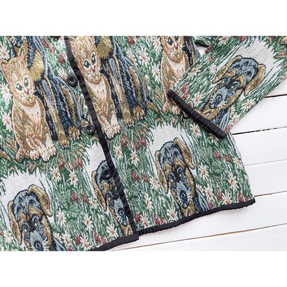 vtg Sara Studio cat kitten puppy dog floral cottagecore woven tapestry jacket - Picture 3 of 5